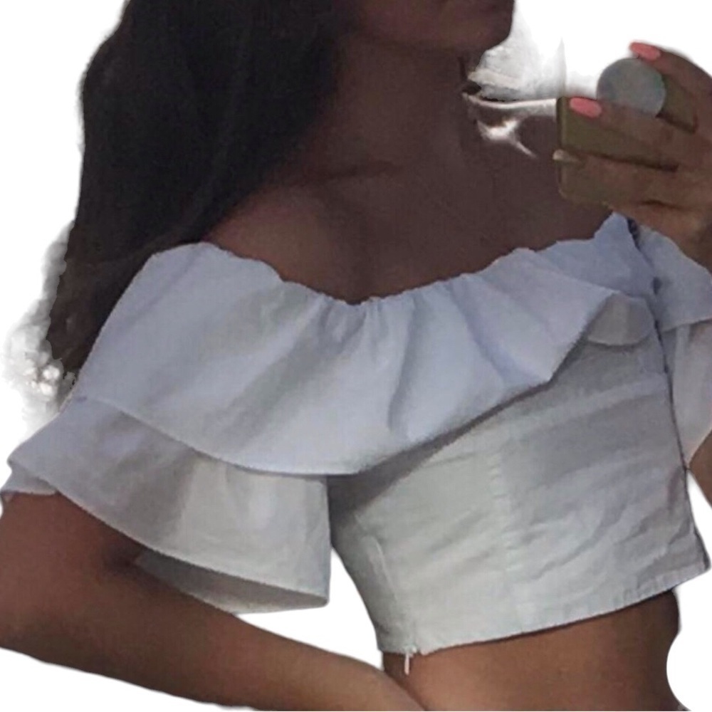 Zara Women’s Off The Shoulder Ruffle Cream Crop Top Size-M NWT - Picture 4 of 13